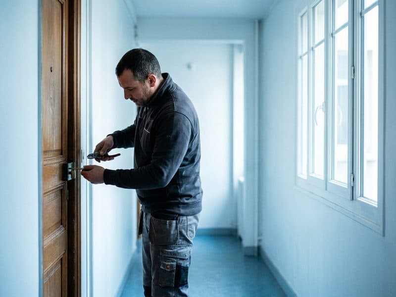 Serrurier installant une serrure de porte