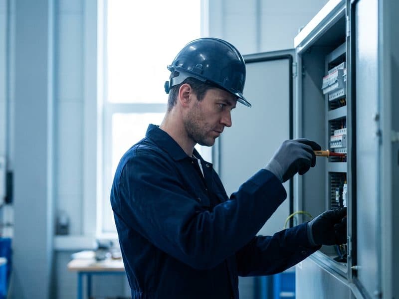 Électricien contrôlant un tableau électrique